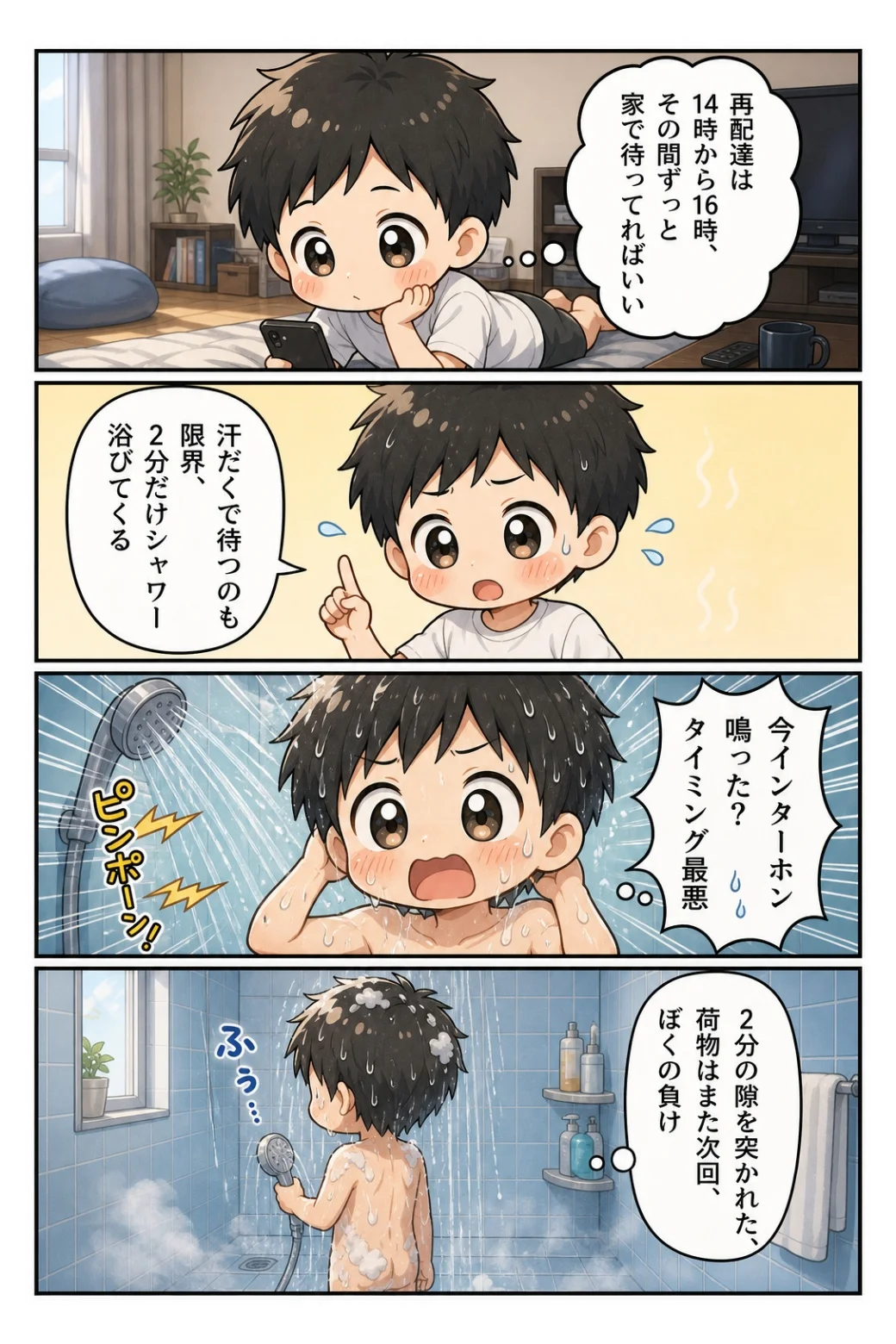4コマ漫画「再配達を待つ2分間」 再配達を待つ間の2分だけのシャワー。その隙を狙ったようにインターホンが鳴る話。