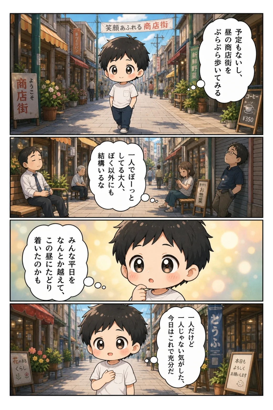 4コマ漫画「商店街をぶらぶら」 予定のない昼の商店街。ぼーっとしている大人が自分以外にもいて、一人だけど一人じゃない気がした話。